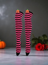 tanie Akcesoria Halloween-Damskie skarpetki za kolano na Halloween - bawełniane, długie pończochy w paski z uroczym wzorem dyni, zabawne i wygodne, nowatorskie pończochy na imprezy kostiumowe, cosplay i wydarzenia świąteczne