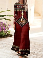 preiswerte Boho Kleid-Damen Maxikleid Shiftkleid A Linie Kleid Party Lässig Boho Täglich Date Ausgehen Normale Passform Batik Stammes Langarm Rundhalsausschnitt Rote Blau Purpur Grün Frühling Herbst Winter