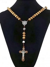 abordables Joyas para hombres-Rosario de madera para hombre con medalla de San Benito y crucifijo: cuentas de oración católicas para el culto religioso, la reflexión espiritual y la devoción diaria.