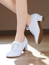 baratos Ténis de Dança-Sapatos de dança brancos com cadarço para mulheres - calçados de salão de salto grosso e brilhante com design de malha respirável para prática e performance