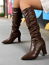 abordables Bottes souples-Bottes hautes en similicuir marron pour femme - Bottes d&#039;automne et d&#039;hiver à talon bloc et bout pointu pour un usage quotidien élégant et un style urbain décontracté