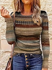 billige Stripe og geometrisk t-skjorte-Dame T skjorte Grafisk Geometrisk Stripet Årgang Mote Stilfull Langermet Crew-hals Vanlige topper Daglig Helg Trykt mønster Lysebrun Vår Høst Vinter