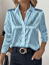 billige Dressy topper-Dame Skjorte Arbeidsskjorter Grafisk Geometrisk Elegant Stilfull Fritid Langermet Skjortekrage Vanlige topper Arbeid Festkveldsklær Daglig Glimmer Hvit Rosa Blå Oransje Grønn Vår, Høst, Vinter, Sommer