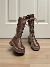 baratos Botas de combate-Botas femininas de couro sintético, cano alto, com cadarço, zíper lateral e sola plataforma grossa, calçado casual urbano