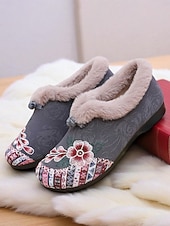 economico Scarpe di Natale per Donne-scarpe slip-on da donna con fodera in pelliccia ricamata rossa e motivo floreale, calde scarpe invernali per Natale, periodo festivo e abbigliamento casual