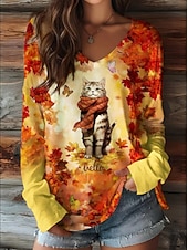 abordables Camiseta de Animales-Semana Santa Mujer Camiseta Estampado Floral Graphic Gato Vintage Elegante Clásico Manga Larga Escote en Pico Tops regulares Diario Negro Amarillo Naranja Verano Primavera Otoño