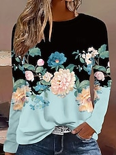 ieftine tricou floral-Pentru femei Tricou Floral Grafic Plante Epocă Stilat Clasic Manșon Lung Stil Nautic Rotund Topuri obișnuite Zilnic Imprimeu Albastru Deschis Primăvară Toamnă Iarnă