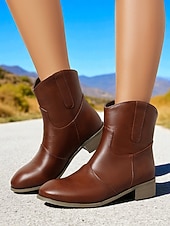 abordables Cowboy y botas occidentales-Botines de piel sintética color vino tinto para mujer: botas cortas de tacón bajo estilo western informal para el trabajo, viajes y atuendos cotidianos.