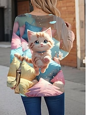 preiswerte Streifen- und geometrische Kapuzenpullover-Damen Pullover Sweatshirt Druck Grafik Tiermotiv Katze Lässig Langarm Rundhalsausschnitt Normale Oberteile Lässig Straße Ferien Blau Rosa Purpur Grün Frühling Herbst Winter