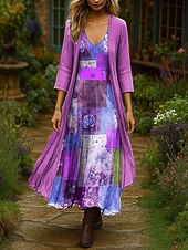 abordables Robe Fleurie-Femmes Robe Ensemble Robe Maxi Robe trapèze Vacances Boho Fleuri Graphique Superposé Imprimé Robe maxi Manche 3/4 Col en V Extérieur Quotidien Rose Claire Bleu Vert Printemps Automne Coupe régulière