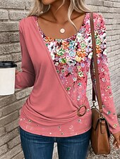 abordables T-shirt floral-Femmes T-shirt Fleuri Graphique ancien Élégant Occasionnel manche longue Col ras du cou Hauts Réguliers Quotidien Patchwork Imprimé Jaune Rose Claire Bleu Violet Vert Automne Hiver