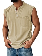  Vintage-Tanktop für Herren, 100 % Baumwolle, Acid-Wash-Optik, ärmelloses Unterhemd, Henley-Shirt, schlichtes Sommer-Design, Basic-Tasche, Knöpfe, Urlaub, Streetwear, schwarzes T-Shirt für Herren