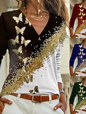 abordables T-shirt floral-Femmes Chemisier Imprimé Papillon Élégant Moderne manche longue Col en V Hauts Réguliers Fête Sortir Bleu Noir Rouge Vert Automne