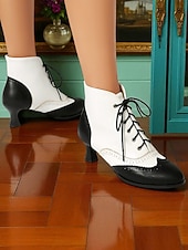 olcso 1950-es évek-női 1950-es évekbeli vintage oxford bokacsizma – kétszínű, fűzős, brogue sarkú, szárnyas hegyű kialakítású, edward stílusban, retró öltözékekhez, cosplayhez, teadélutánokhoz és mindennapi viselethez.