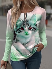 Недорогие Животные пьют-Жен. Футболка Графика Животное Винтаж На каждый день Длинный рукав Вырез под горло Зубчатая шея Обычные топы Повседневные выходные Молния С принтом Розовый Лиловый Зеленый Весна Осень Зима