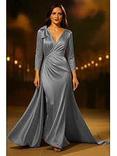 abordables Robes de bal-Robe de soirée trapèze dorée élégante, robe de mariée formelle, traîne courte, manches 3/4, col en V, satin avec nœud(s) froncé(s), 2025