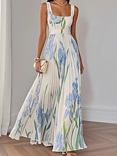 abordables Robes fleuries élégantes-Femmes Robe Longue Maxi Robe Robe de Bal Robe de Soirée Robe Imprimée Mode Moderne Soirée Anniversaire Date Coupe régulière Fleur Sans manches Col carré Blanche Jaune Rose Claire Bleu Été