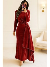 preiswerte Cocktailkleider-blau rot schwarz Etuikleid/Säule Abendkleid elegantes Kleid formalen Herbst knielang Langarm Rundhalsausschnitt Samt mit Falten gerafft 2025