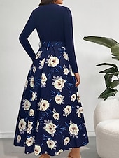 abordables Robes en chiffon-Femmes Robe Longue Maxi Robe Robe Imprimée Mode Extérieur Vacances Fête Coupe régulière Fleur manche longue Col en V Bleu Automne