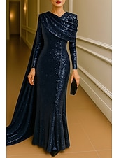 preiswerte Ballkleider-Schlauchkleid Abendkleid Elegant Formelle Kleidung Formell Hochzeit Bodenlang Langarm Hoher Ausschnitt Capes Paillettenbesetzt mit Glitzer 2025