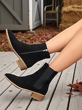 Χαμηλού Κόστους Μπότες Τσέλσι-Γυναικεία μποτάκια chelsea από τεχνητό σουέτ – με φερμουάρ στο πλάι και ελαστικό πάνελ, μπότες chelsea με χαμηλό τακούνι για φθινοπωρινές βόλτες, ψώνια και χαλαρές εξόδους