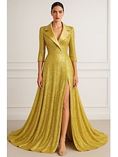 ieftine Rochii de smoking-Rochie de smoking Linia -A Oficial Nuntă Invitat la nunta Sequin Strălucire Elegant Mânecă 3/4 plisată Lungime Podea revere crestate