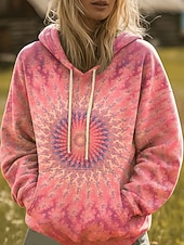 baratos Arte &amp; Design Tops-Mulheres Pulôver Moletom Com Capuz Gráfico Arco-Íris Casual Boho Manga Longa Com Capuz Tops regulares Rua Dia a Dia Imprimir Bolso frontal Rosa Laranja Verde Outono Inverno