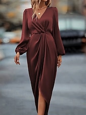 economico Vestito Semplice-Per donna Abito Midi Abito Selkie Moda Classico Moderno All&#039;aperto Vacanza Ferie Vestibilità regolare Semplice Manica Lunga Scollo a V Champagne Vino Verde militare Blu Estate
