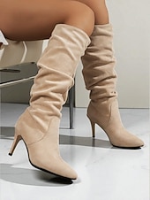 baratos Botas Slouch-Botas femininas de cano alto, estilo slouch, de camurça sintética bege, com salto agulha - calçados da moda outono para looks estilosos do dia a dia e para encontros casuais