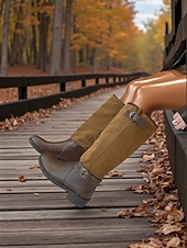 abordables Bottes de cheval-bottes hautes à tige réglable pour femmes - combinaison de daim et de similicuir avec détail de boucle, chaussures de style équitation à la mode pour les tenues décontractées urbaines et les vêtements