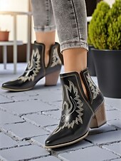 levne Cowboy &amp; Western Boots-Dámské kovbojské kotníkové boty v západním stylu s vyšívanými detaily, módní boty na blokovém podpatku pro běžné nošení ve městě
