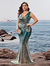 preiswerte Meerjungfrau Abendkleider-Meerjungfrau/Trompete Abendkleid, elegantes Kleid, formelle Abendparty, bodenlang, ärmellos, V-Ausschnitt, Herbst, Hochzeitsgast, Pailletten, V-Rücken mit Glitzerpailletten