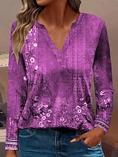 abordables T-shirt floral-Femmes T-shirt Fleuri Occasionnel manche longue Encolure en V Hauts Réguliers Quotidien Boutons Imprimé Rouge Bleu Violet Vert Printemps Automne