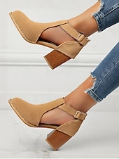 baratos Botas de tornozelo-Botas femininas de camurça bege com recorte no tornozelo e salto bloco - perfeitas para passeios casuais, moda primavera e outono e uso diário elegante