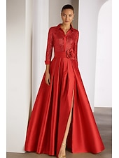 economico Vestiti da sera-Abito da sera A-Line con cravatta nera Abito elegante formale da matrimonio lunghezza fino al pavimento maniche lunghe colletto camicia mantelle in satin con pieghe glitter