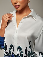 economico Bluse e camicie-camicetta in raso da donna, top eleganti, stampa multicolore audace, stampa posizionata in modo brillante, vestibilità classica, viscosa verde acqua, manica lunga, lavoro, quotidiano, elegante, alla moda, autunno