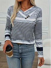 economico T-shirt a righe e geometrico-Per donna Maglietta Grafico Geometrico Vintage Elegante Classico Manica Lunga Girocollo Scollo a V Top Regolari Quotidiano Bottoni Stampato Asimmetrico Grigio Primavera Autunno
