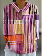 levne Dámské pruhované a geometrické topy-Dámská blůza s dlouhým rukávem límec Peter Pan volný styl boho grafika geometrie Bohemia vintage tropický límec klasické topy každodenní potisk růžová léto jaro podzim