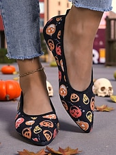 levne Pro ženy-Dámské lehké dýňové balerínky se špičatou špičkou - nazouvací halloweenské boty pro slavnostní podzimní outfity a každodenní pohodlí