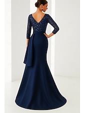preiswerte Meerjungfrau Abendkleider-blau-schwarzes Meerjungfrau-Abendkleid, elegantes Kleid, formelle Hochzeit, bodenlang, lange Ärmel, U-Boot-Ausschnitt, Champagner, Satinkleid für die Brautmutter mit Glitzerrüschen 2025