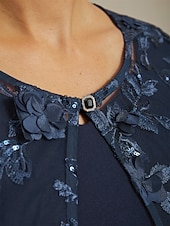  女性用 ブレザー ジャケット ライトウェイト レース 刺繍 スパンコール イリュージョンレース エレガント フラワー フォーマル 記念日 パーティー 結婚式のゲスト オープンフロント ショート クルーネック レギュラー 七分袖 アウターウェア ネイビーブルー 春 秋