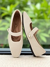 billiga Platta damskor-Beige stickade Mary Jane-skor med pärlrem för kvinnor - lätta, andningsbara vardagsskor för vardagsbruk, resor och kontorskläder