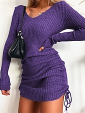 abordables Robes pull-Femmes Mini Robe Robe Pull Mode Moderne Extérieur Vacances Fête Coupe régulière Uni manche longue Col en V Noir Jaune Vin Vert foncé Automne