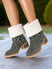 baratos Botas de neve e inverno-Botas femininas de camurça sintética com punho e fivela de pele de carneiro – botas casuais de inverno com salto grosso para atividades ao ar livre, viagens e looks aconchegantes