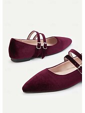 levne Dámské boty s plochou podrážkou-Dámské vínové sametové balerínky s dvojitým páskem a špičatou špičkou – retro elegantní boty na vánoční večírky, sváteční akce a slavnostní setkání