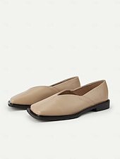 cheap Women's Flats-Women's Beige Square Toe Slip-On Loafers - Faux Leather Low Heel Comfort Shoes with V-Cut Vamp, Minimalist Modern Style for Casual Wear, Office Outfits and Autumn Fashion