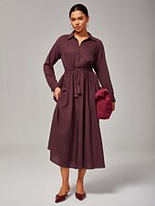 economico Abiti floreali-Abito da donna casual boho maxi a vita media in lyocell rosso vino, comodo e traspirante, con cintura regolabile