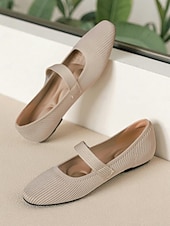 billiga Platta damskor-Beige stickade Mary Jane-skor med pärlrem för kvinnor - lätta, andningsbara vardagsskor för vardagsbruk, resor och kontorskläder