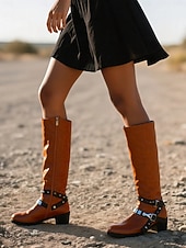 abordables Botas para montar-Botas de montar occidentales hasta la rodilla para mujer con correas de hebilla: botas altas hasta el muslo de cuero sintético de estilo vintage para uso informal y al aire libre