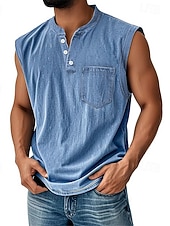  Vintage-Tanktop für Herren, 100 % Baumwolle, Acid-Wash-Optik, ärmelloses Unterhemd, Henley-Shirt, schlichtes Sommer-Design, Basic-Tasche, Knöpfe, Urlaub, Streetwear, schwarzes T-Shirt für Herren